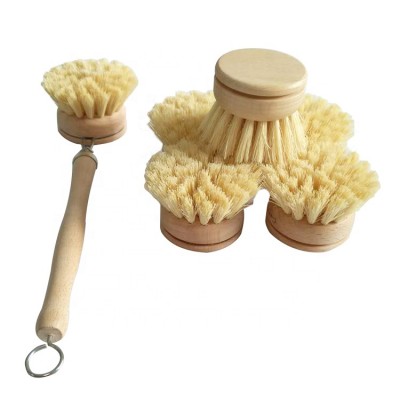 ESD Natural Eco Friendly Detachable Bamboo Kitchen Beechwood Tampico Sisal Dish Cleaning Brushes Set With Wooden Handle