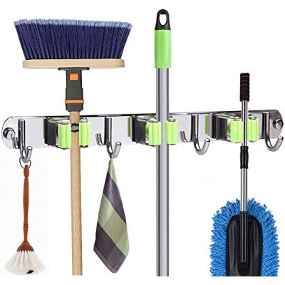 Broom Mop Holder Wall Mount Installation Broom Mop Hanger Organizer Stainless Steel 3 Racks 4 Hooks for Bathroom Kitchen Garden